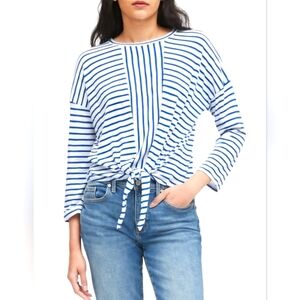 EUC Banana Republic Cozy Slub Blue and White Sleeve Tie Front Blouse, Size M